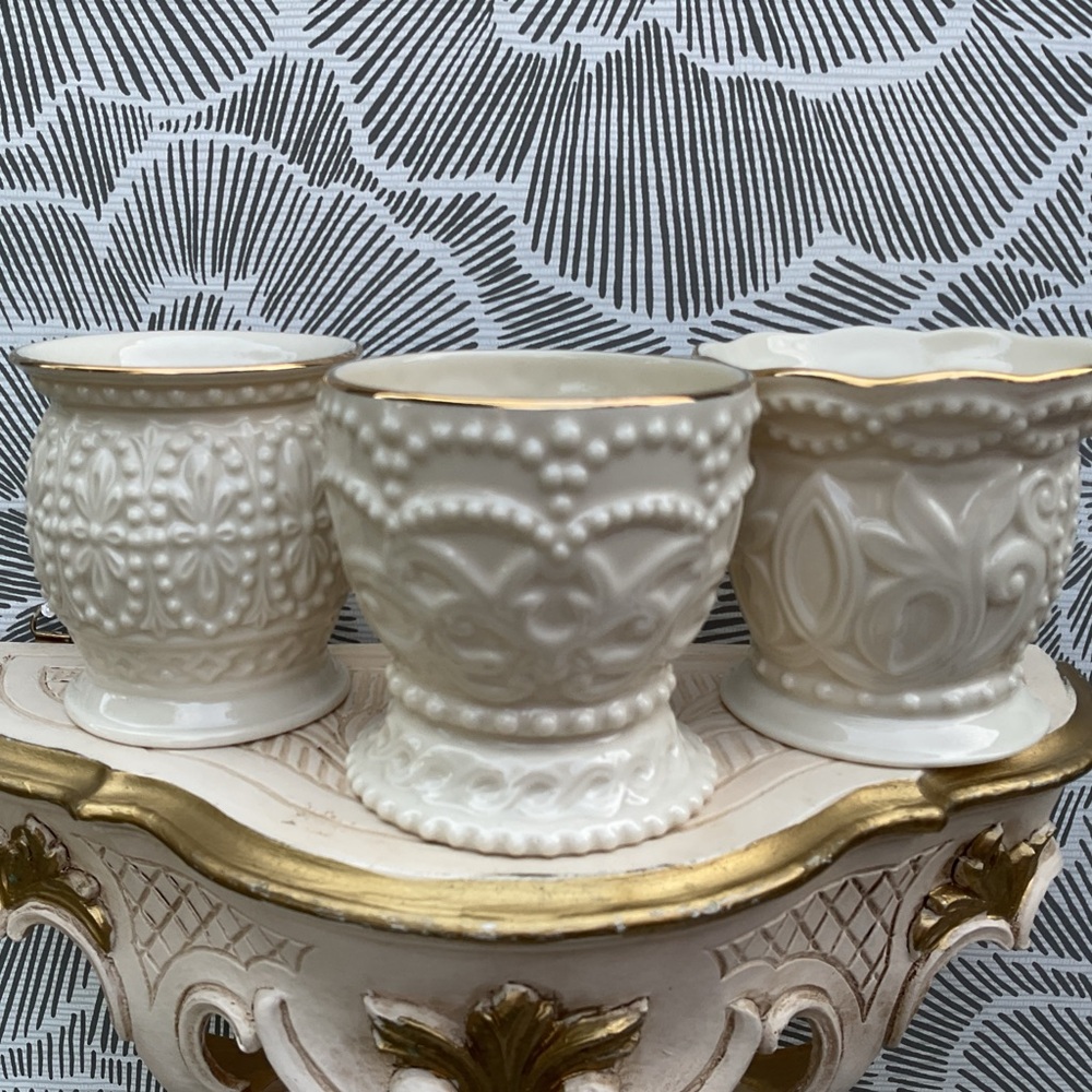 Lenox Cream Beaded Candle Holders Set of 3 porcelain with Vanilla Tealights NEW